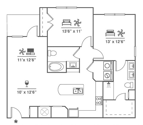 Floor plan for 2 beds, 2 baths, 1181 sqft